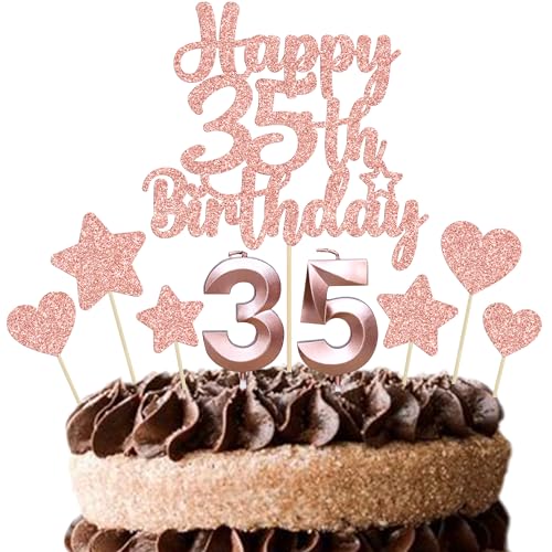 Gyufise 15Pcs Happy 35th Birthday Cake Topper Set with Heart Star Glitter Cheers to 35 Years Cake Picks Number 35 Candles Cake Decorations for Happy 35th Birthday Anniversary Party Supplies Rose Gold