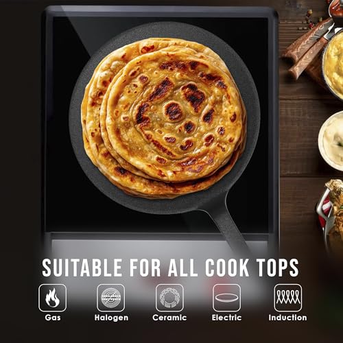 Image of Esspy 23cm /9inch Pre-Seasoned Cast Iron Roti Tawa with Silicon Sleeve, Iron Tawa for Chapati /Phulka, Even Heat Distributor, Retains Heat to Enhance Flavor, Toxin Free Cast Iron Cookware