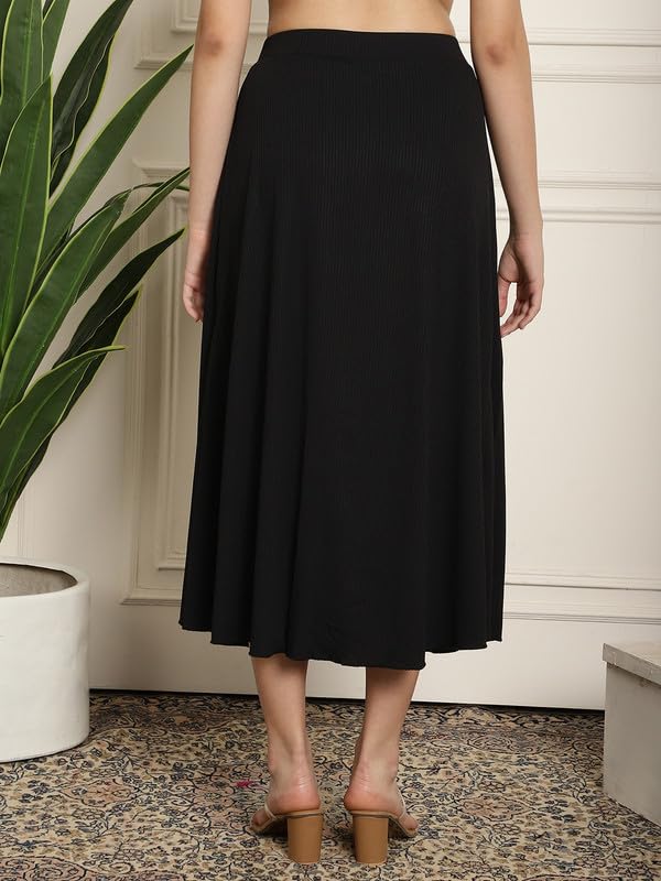 Image of NEUDIS Women Black Ribbed Flared Maxi Skirt
