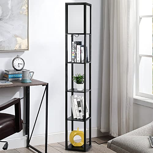 TEMFAU Lampadaire Étagère en Bois, 1.8M Lampadaire sur Pied Salon en Bois à 4 Compartiments, Capacité de Charge de 2.25kg (5lb) Chaque Étagère, Lampe Pied Salon pour Chambre, Noir (Sans Ampoule)