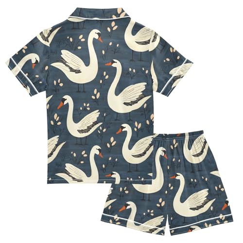 ALAZA Swan Branch Leaf Blue Satin Pajamas Set Short Sleeve Button Down Sleepwear Summer Pjs 2 Piece2