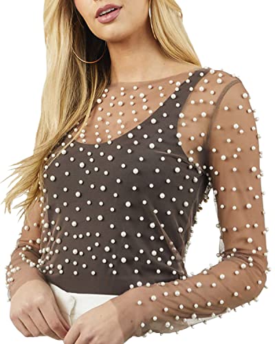 Mesh Sheer Beaded Top for Women Solid Long Sleeve Tee Blouse See Through Beach Cover Up for Women Crop Top