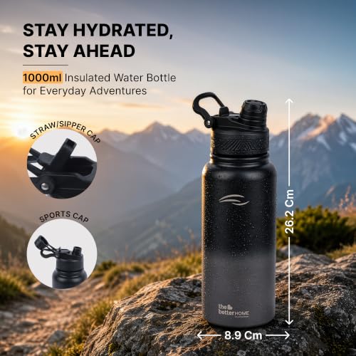 Image of The Better Home Vacuum Insulated Stainless Steel Water Bottle 1 Litre (1000ml /1L) | Thermosteel Hot & Cold 24 Hrs | BPA-Free, Food-Grade 304 SS | Leak-Proof | Gym, Office & School | Black & Grey