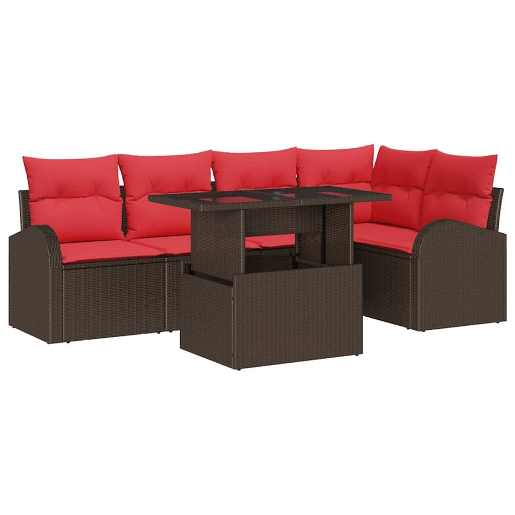 Set di divani da giardino, 6 pezzi, 5 posti, in polyrattan | Salotto modulare con vano portaoggetti integrato e cuscini rossi per giardino e terrazza.