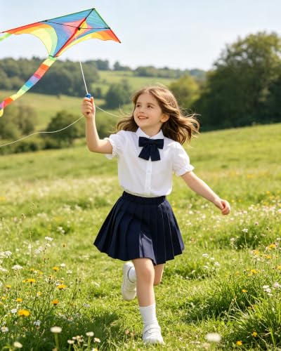 Image of Betusline Girls Skirt Set JK School Uniform 2-Piece Outfit - Short Sleeve Shirt with Bow & Pleated Skirt 4T-14Y