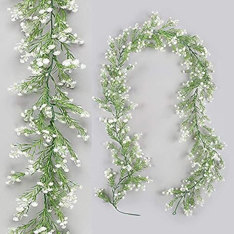 Homcomodar Artificial Gypsophila Plants Garland Pack of 2 Fake Plastic Flowers Hanging Vine for Wedding Party Indoor Outdoor Home Decoration(White) Cover
