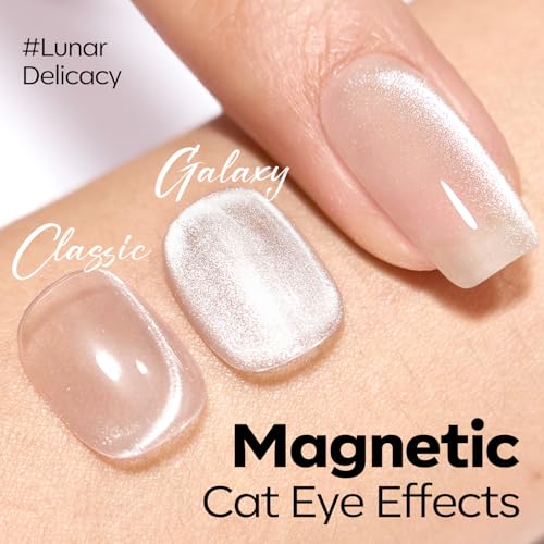 Image of modelones Silk Cat Eye Gel Nail Polish Nude Silver Moonlight Glitter Holographic Glass Cat Eye Summer Jelly Shimmer Reflective Translucent U v Gel Magnetic Nail Polish 15 ML