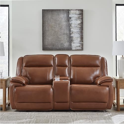 Image of Signature Design by Ashley Healy Pier Power Reclining Loveseat, Zero-Gravity Comfort, Leather and Faux Leather Construction, Home Theater Seating with Console, Dark Brown, 78 inch W