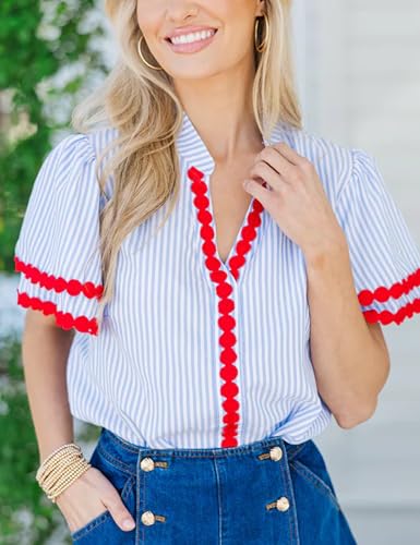 Yeokou Womens Striped Shirt V Neck Short Puff Sleeve Cotton Pullover Top Casual Summer Button Down Rickrack Blouse3