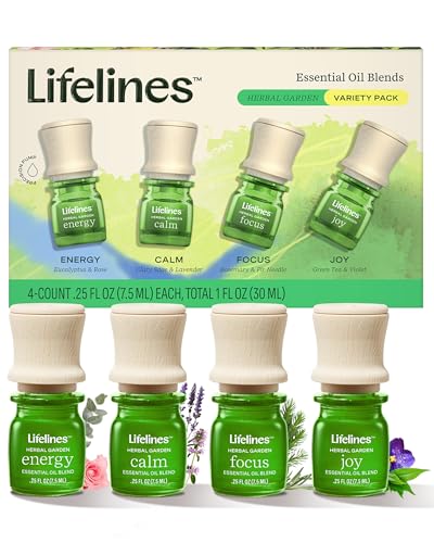Lifelines Essential Oil Blends, 4-Pack - Blended Essential Oils with Precision Pump for Aromatherapy Diffusers - Long-Lasting Scented Fragrance - Herbal Garden (Joy, Calm, Focus & Energy)