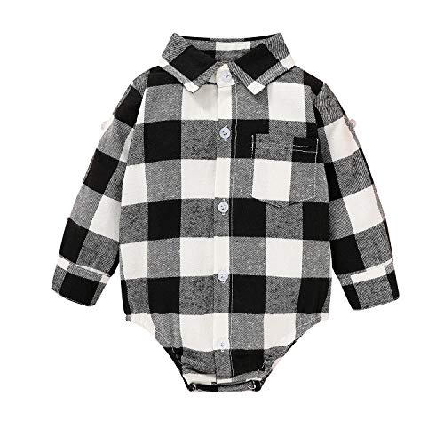 Image of HAPPYMA Newborn Baby Boy Girls Plaid Outfit Flannel Romper Tops Infant Long Sleeve Button Down Plaid Casual Bodysuit Clothes