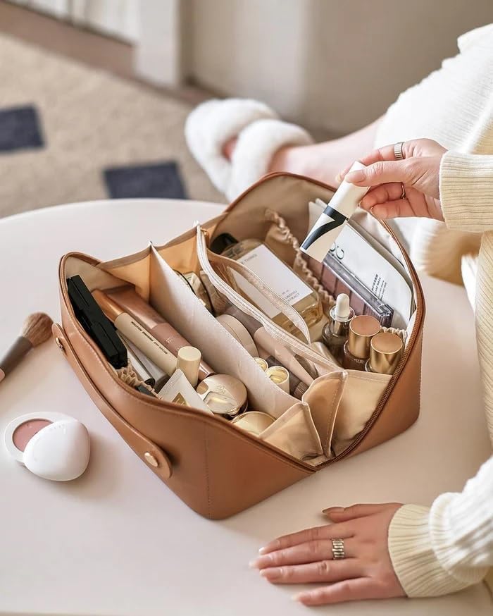 Image of Large Capacity Travel Cosmetic Bag with Handle and Divider - Multifunctional Makeup Bag for Easy Access, Waterproof- (-Brown), 10 Cms