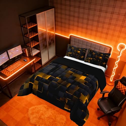 Image of Erosebridal Black and Orange Comforter Set Full Neon Geometric Checkered Bedding Set for Kids Boys Adults Men,Stereoscopic Grid Plaid Comforter Glowing Square Bed Duvet Set 3 Pcs