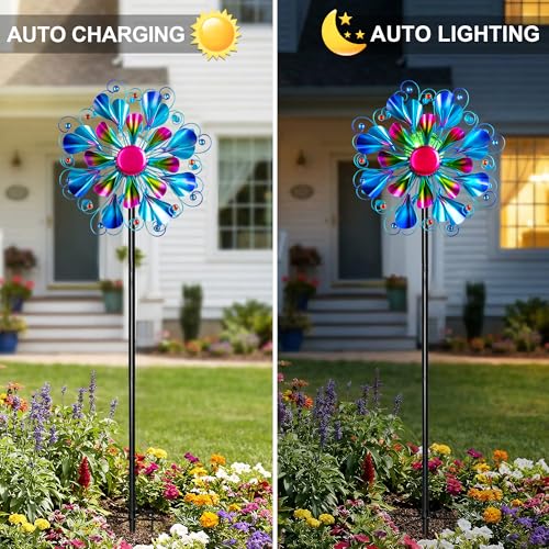 Image of Solar Wind Spinner Outdoor Metal - Peacock Kinetic Garden Sculptures with Color-Changing LED Lights, Waterproof Wind Catchers Yard Art Decor for Patio Lawn, for Women