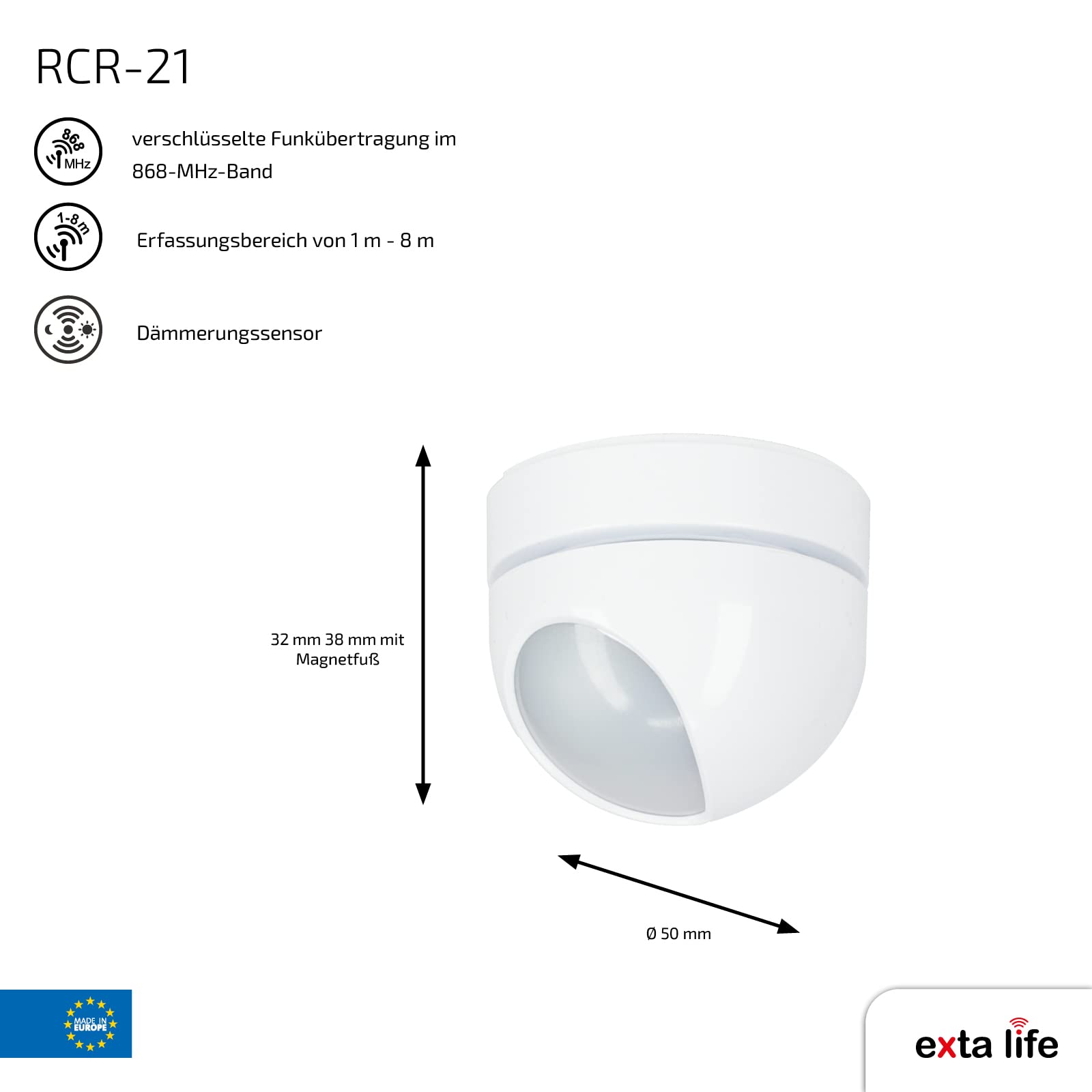 Zamel EXTA LIFE - Sensor de Movimiento inalámbrico con Base magnética RCR-21 I Alimentado por baterías I Señalización óptica de información enviada I Estado de Carga de la batería Equipada