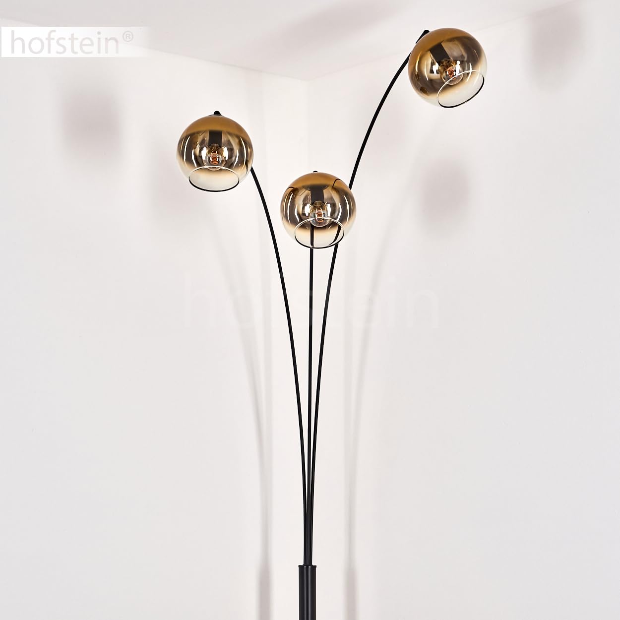Stehleuchte Koyoto, Stehlampe aus Metall/Glas in Schwarz/Goldfarben/Klar, Leuchte im modernen Retro/Vintage-Design mit Schirmen aus Glas (Ø 15cm) u. Fußschalter, Höhe 210cm, 3 x E14, ohne Leuchtmittel