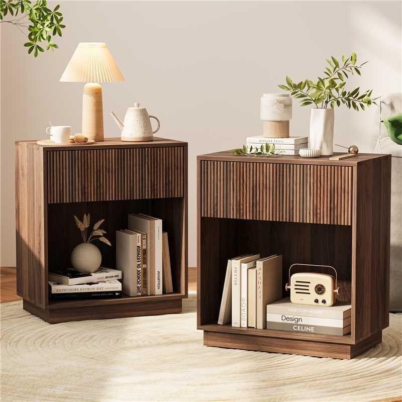 Fluted Nightstands Set of 2, Modern Bedside Table with Drawer and Storage Shelf, Wood End Table Mid Century Night Stands for Bedroom Living Room, Walnut Finish-image-33