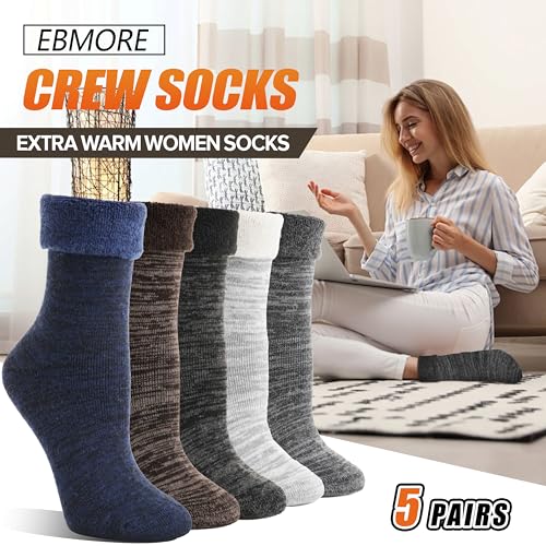 Image of EBMORE 5 Pairs Women Merino Wool Boot Socks Warm Thermal Winter Thick Hiking Cozy Cabin Crew Comfy Socks for Ladies