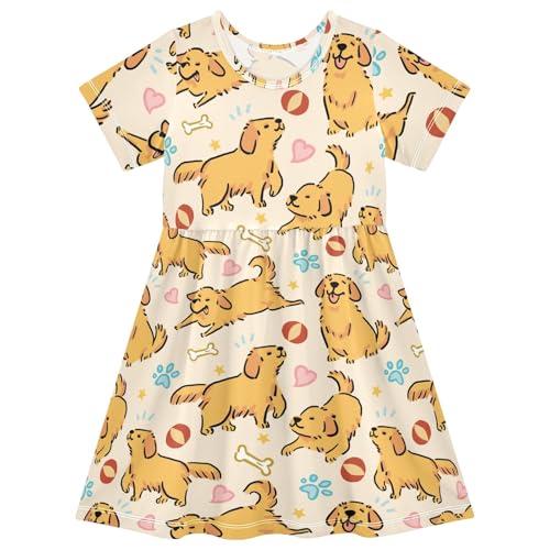 Cute Golden Retriever Yellow Pattern Summer Girls Short Sleeve Dress Casual Dresses Beach Sundress for 2-8 Years