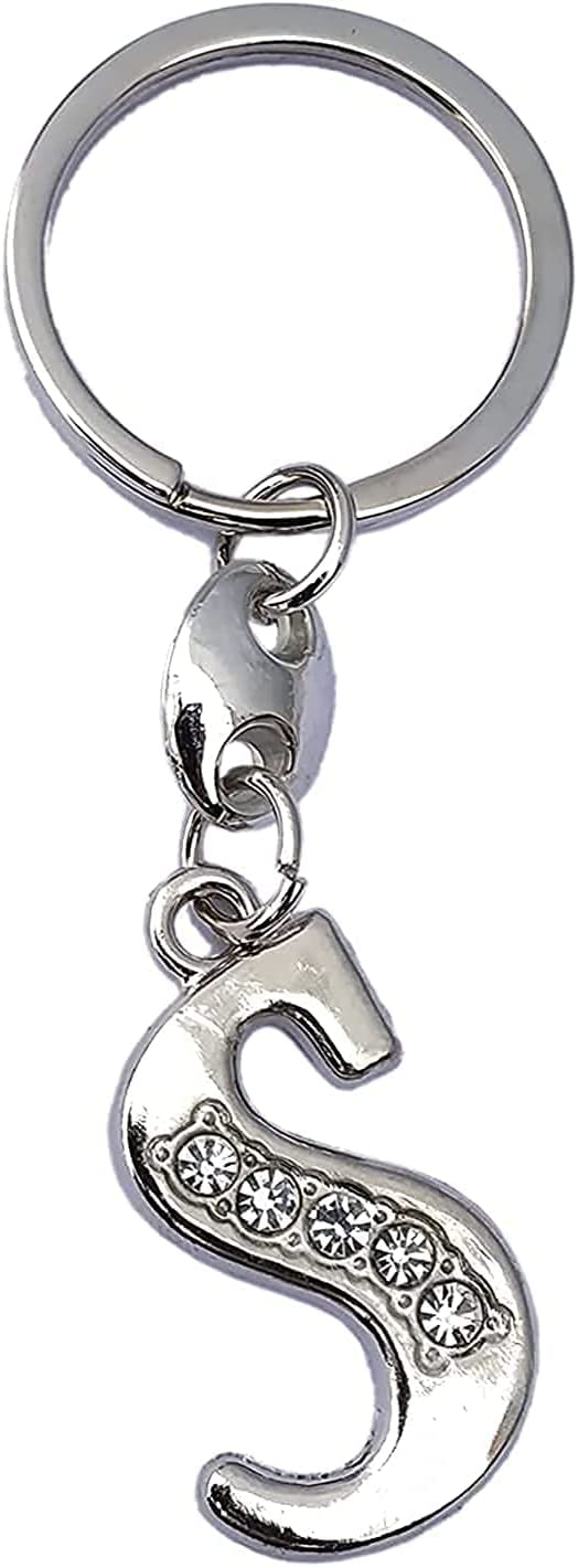 Alphabet Letter Metal with Crystal Stones Keychains for Car Bike Men Women Keyrings, Silver (Italic S)