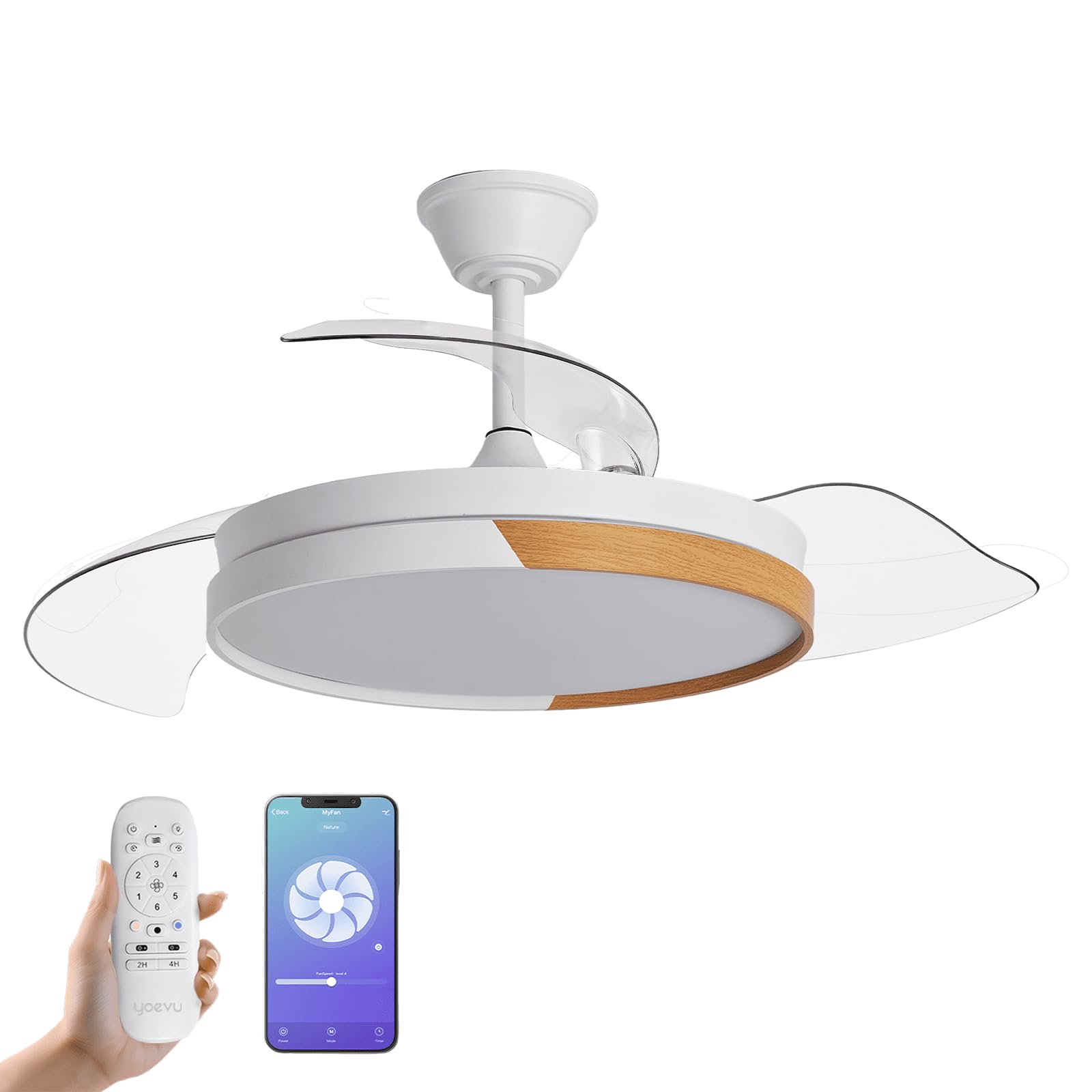 NATURE WHITE | Ventilador de techo inteligente | Blanco y madera, aspas retráctiles, luz LED regulable, control WiFi | Compatible con Alexa Función invierno/verano