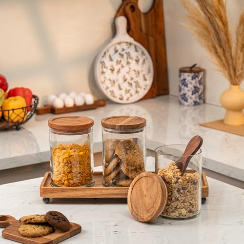 Image of Trine Storage Jar Set - Glass & Acacia Wood with Tray - Multipurpose Storage for Kitchen & Decor (Set of 3)