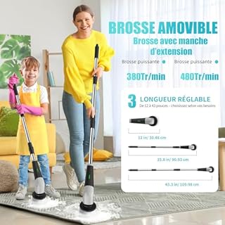YKYI Brosse électrique Nettoyage rotative avec 8 têtes, Manche Extensible, 2 Vitesses, Batterie 2500mAh, étanche IPX7 – Brosse Nettoyage Salle de Bain et Cuisine