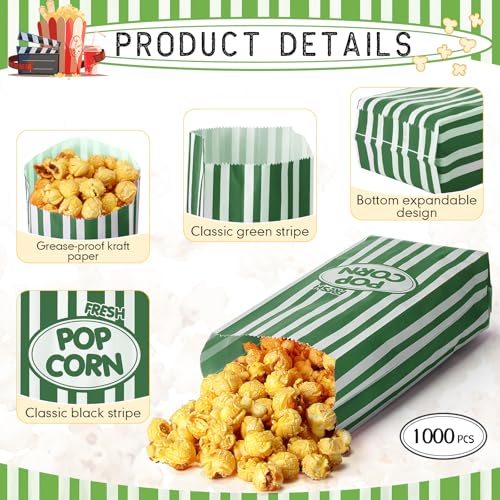 Image of Sherr 1000 Pcs 2oz Green Popcorn Bags Bulk Retro Stripes Disposable Popcorn Bags for Circus Carnival Party Favors Movie Nights Birthday Party Event Supplies Machine Accessories