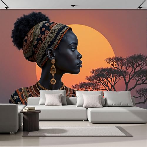 MIATCENRT Papel Tapiz Fotográfico Tribu, 300Anx210Al cm Fondo de Pantalla Puesta De Sol África Mujer Papel Pintado, Decoración de Pared para Sala Restaurante Cuarto Oficina Salón, Naranja