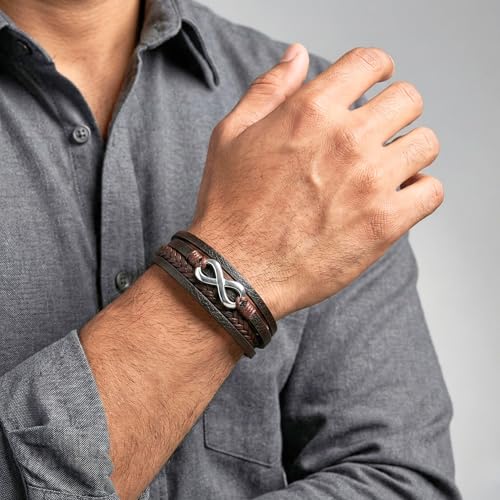 Image of THE MEN THING Leather Bracelet for Men - American Style Genuine Leather Multi-Layer Braided Bracelet with 100% Stainless Steel Magnetic Buckle for Men & Boys (8 inch)