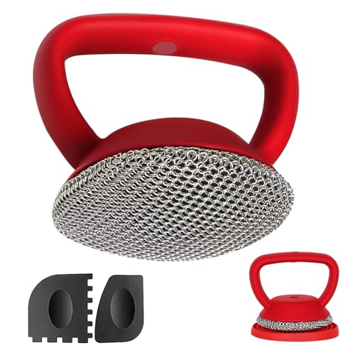MEIXINZHI Cast Iron Skillet Cleaner + 2 Pan Grill Scrapers Chain Mail Scrubber (Red with Mat)