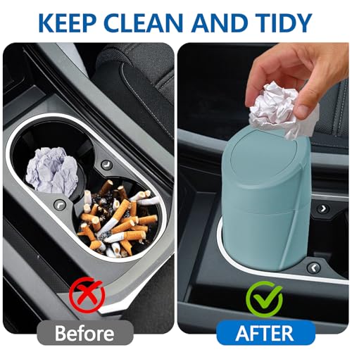 Image of Hovom Mini Car Trash Can with Lid, Portable Garbage Can for Car, Leakproof Cup Holder Automotive Garbage Bin with 2 Rolls of Trash Bags, Small Trash Storage Can for Car Home Office(Dark Green)