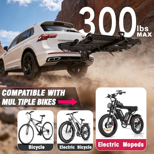 Tekmira Ebike Rack with Ramp, Foldable Bike Rack for Tow Hitch 2 Bike with 300LBS Capacity, Bike Carrier for Car, SUV, Truck, Trailer, RV with 2 Inch Receiver - Fits 1-4\" Wide Tires