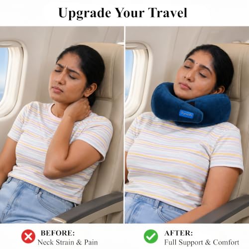Image of Travel Neck Pillow, 100% Hi-Per Memory Foam Airplane Neck Pillows for Comfortable Sleeping,Travel Pillow for Flights with Adjustable Velcro Strap, Lightweight, Free Carry Bag (Sapphire Blue)