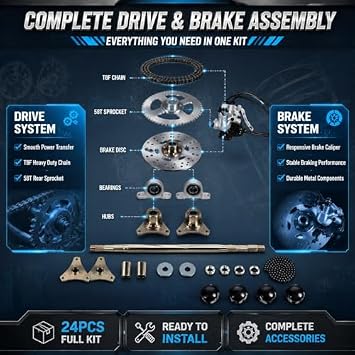 29in Go Kart Frame, Go Kart Axle Kit, Rear Live Axle Assembly Kit Axle Sprocket Chain Brake Disc Caliper Wheel Hubs Replacement for ATV Quads