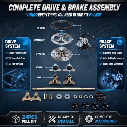 Marco Go Kart de 29 Pulgadas, Kit de Eje Go Kart, Kit de Montaje de Eje Trasero Vivo, Piñón de Eje, Cadena, Pinza de Disco de Freno, Bujes de Rueda de Repuesto para Quads ATV de