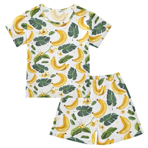 ALAZA Banana White Palm Leaves Pajamas Short Sleeve 2 Piece Sleepwear Top and Bottom Pajama Set Unisex
