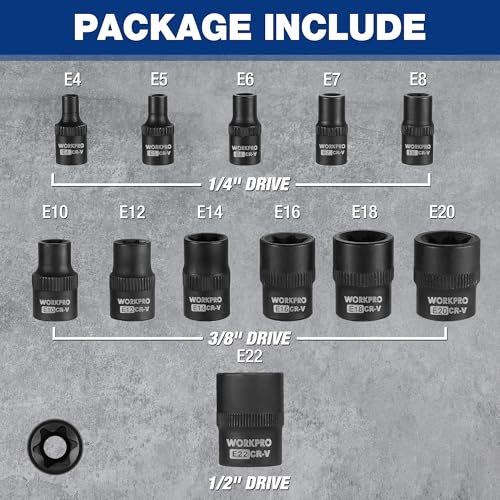 Image of WORKPRO Torx Bit Set, 25-Piece E4-E22, T8-T60, External Torx Socket Set | 1 /4 inch, 3 /8 inch, 1 /2 inch Drive Bits, E4-E22 e Socket Set, T8-T60 Torx Socket Set, S2 Steel Bits, CR-V Sockets, Storage Case