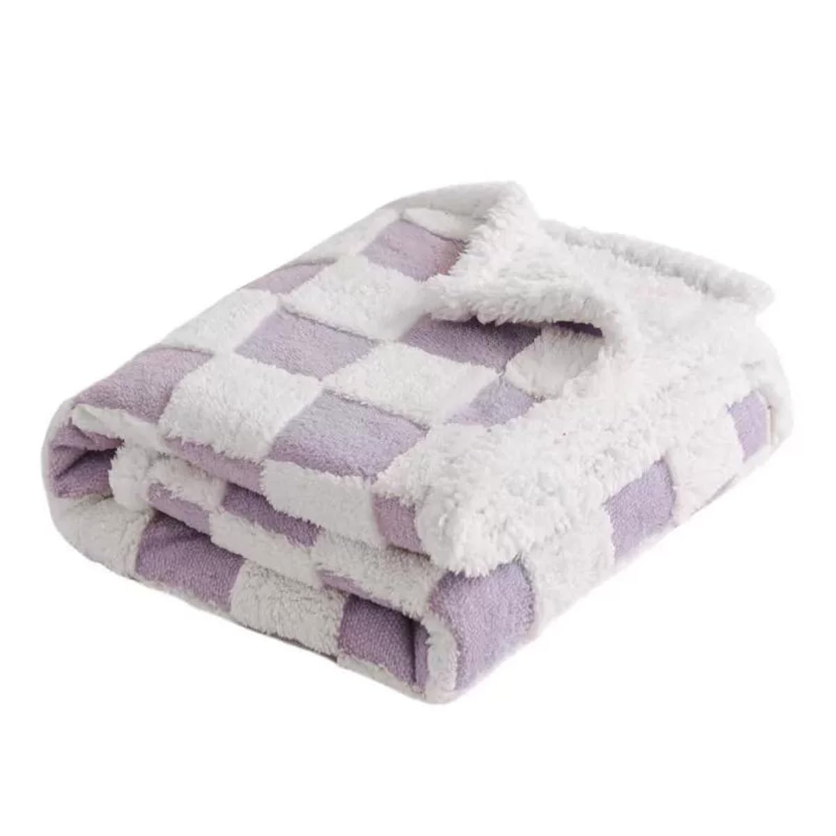 Waterproof Pet Blanket Jacquard Sherpa Fleece Dog Blankets, Washable Reversible Pet Sofa Bed Cover for Kitten Puppy, Warm Cat Dogs Throw Blanket (Purple Check,145x216cm)