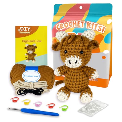 YCSCMG Z Crochet Kit for Beginners-Highland Cattle Material Package, Beginner Crochet Suit, Step-by-Step Video Tutorial, Easy Knitting of an Adult DIY Suit, Beginner Crochet Animal kit,