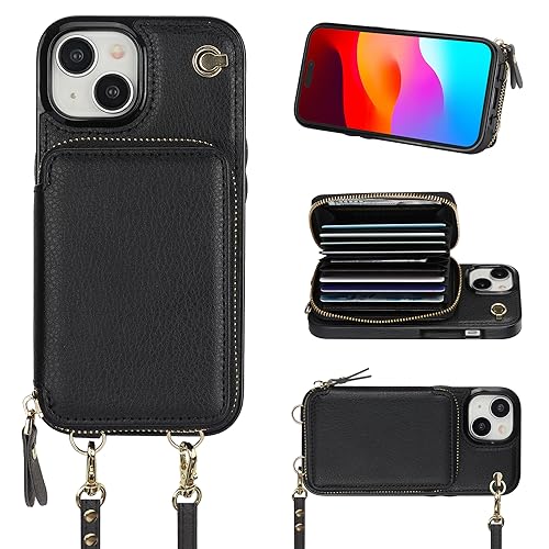 Bocasal Crossbody Wallet Case for iPhone 15, RFID Blocking Leather Purse Case with Card Holder, Protective Handbag Flip Cover with Zipper Wrist Strap Lanyard for Women 5G 6.1 Inch (Black)