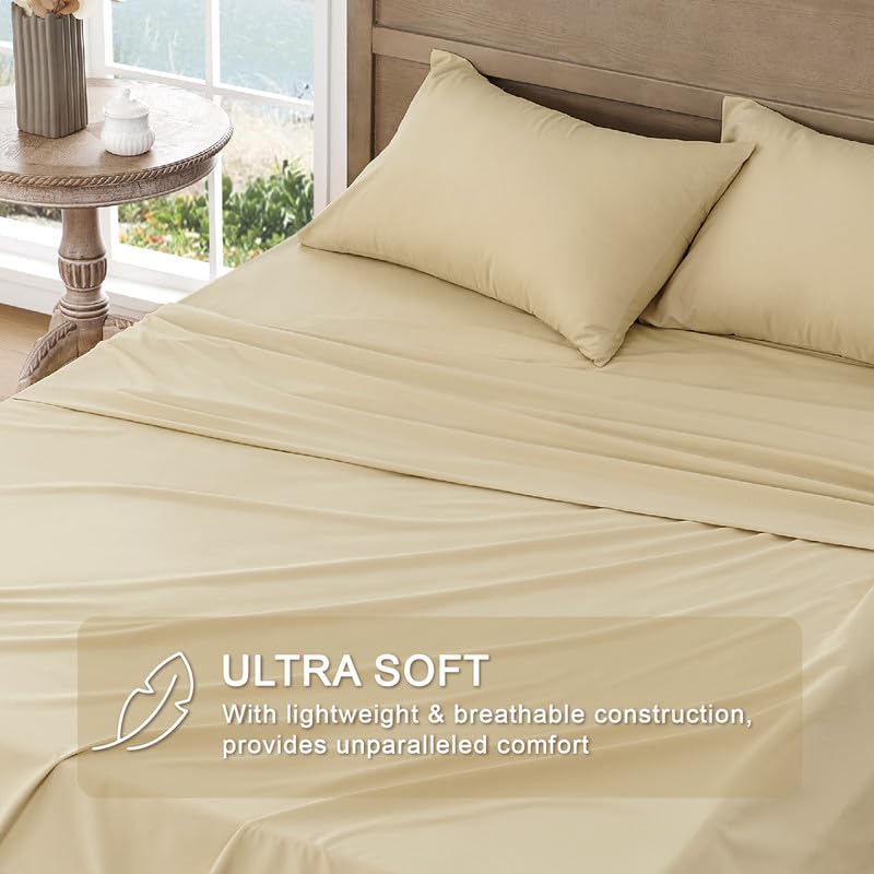 Image of FreshCulture Queen Sheet Set - Ultra Soft Sheets for Queen Size Bed - Brushed Microfiber - Deep Pockets - Easy Care - Cooling & Breathable Sheets - 4 Pieces Hotel Luxury Queen Bed Sheets (Beige)
