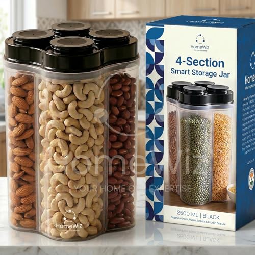 HomeWiz Airtight 4 Section Kitchen Storage Box 2500ml | Food Grade BPA-Free Kitchen Jars | Storage & Containers Set | Masala Container Set |Unbreakabl
