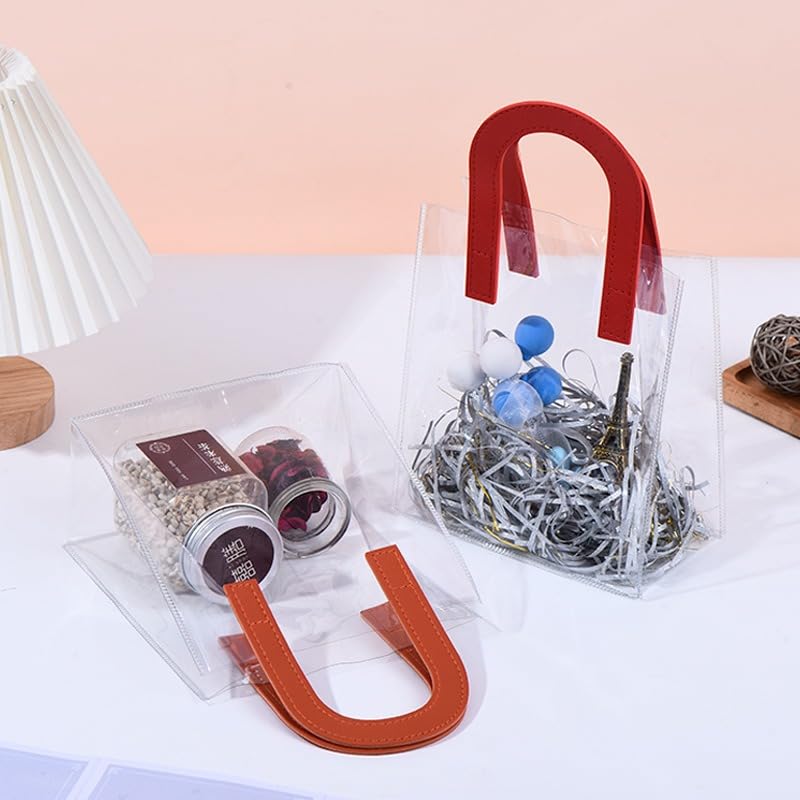Image of SATYAM KRAFT 6 Pcs Transparent Reusable Leather Goodie Bags | Elegant Gift Bags for Her /Him Wedding Return Favors, Engagement Hampers, Marriage, Birthday & Festival Gifting | Handle Hamper Shopping Carry Bags (U-shaped Red - Medium)