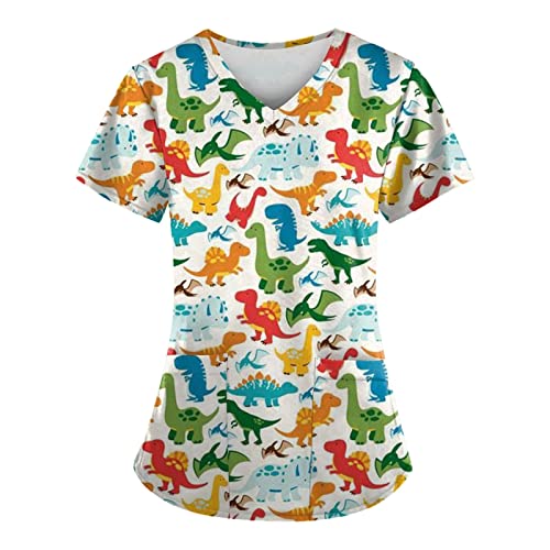 Scrubs for Women Set Women's Fashion Floral Print Working Uniform Tops with 2 Pockets V-Neck Short Sleeve Printed Tunic Uniform Career Shirts