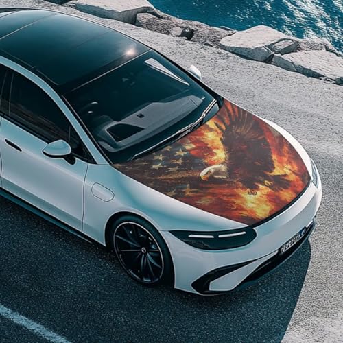 Image of Car Hood Cover, Eagle American Flag Flame Design Car Hood Protector Auto Patriotic Decorations Waterproof Auto Hood Wrap Blankets Universal Automotive Exterior Accessories