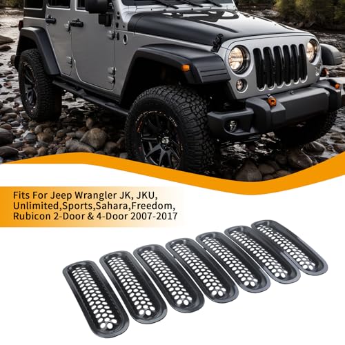 Image of 7PCS Grille inserts Black Fits For Jeep Wrangler JK, JKU, Unlimited, Sports, Sahara, Freedom, Rubicon 2-Door & 4-Door 2007 2008 2009 2010 2011 2012 2013 2014 2015 2016 2017