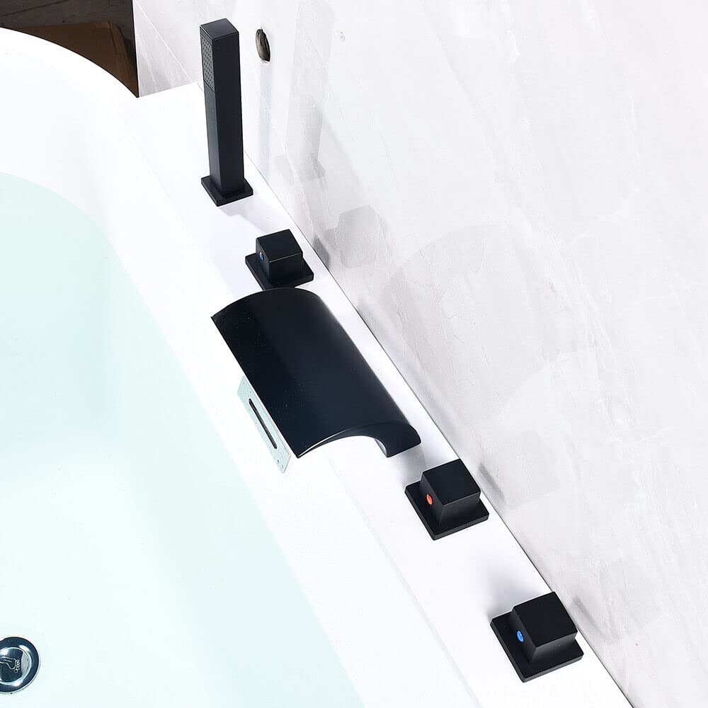 Badewannenarmatur LED Wasserfall 3 Farben LED Wasserfall Duschset mit Brause Wasserhahn Duscharmatur 5 Loch Set Wannenrandarmatur Fliesenrandarmatur Duschset Schwarz Duschsystem