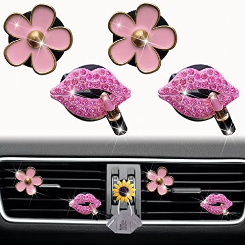 Image of Pink Lip & Daisy Air Vent Clips, 4 Pcs Bling Flower Car Air Fresheners Vents Clips Funny Car Diamond Car Interior Decor Bling Cute Car Accessories Car Decoration for Women +Sunflower Mask Hook
