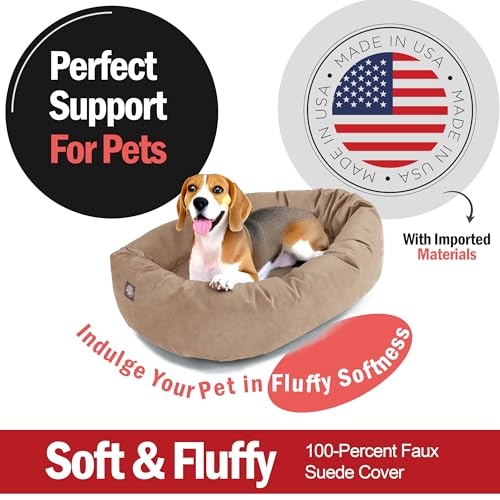 Image of Majestic Pet Suede Shredded Memory Foam Mix Calming Dog Bed Washable - Cozy Soft Round Dog Bed with Spine for Head Support - Fluffy Donut Dog Bed, 32 Inch, Stone